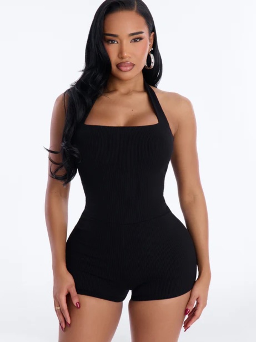 Fashion Nova Black Ribbed Halter Romper